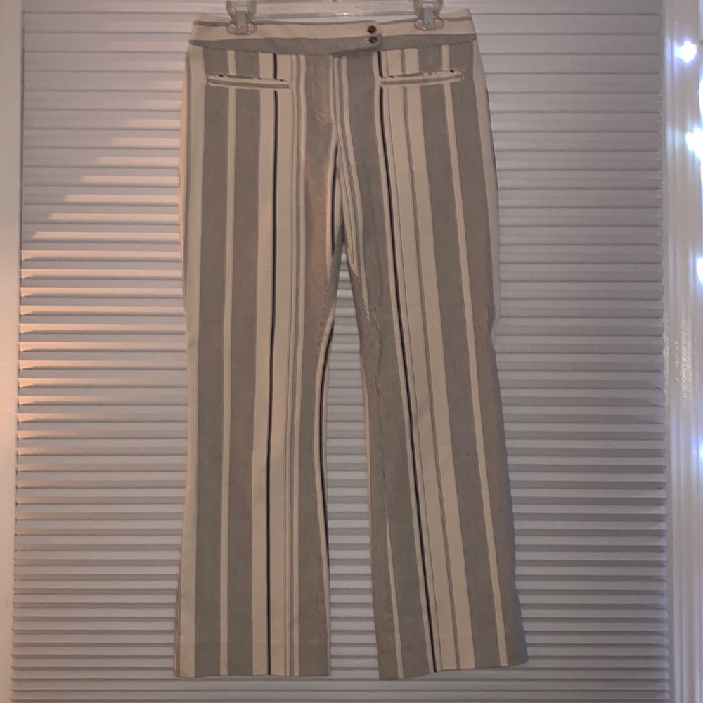 Anthropologie Crop Flare Cream/Navy Pinstriped Pants
